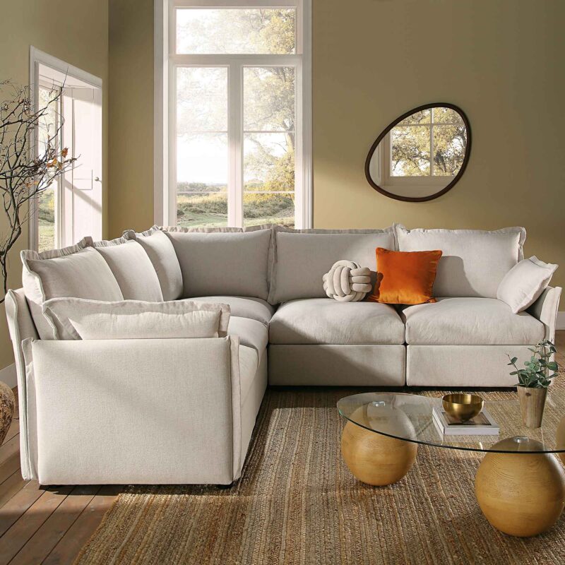 Byron Pillow Edge Beige Fabric Modular Sofa, 5-Seater Corner - Image 3