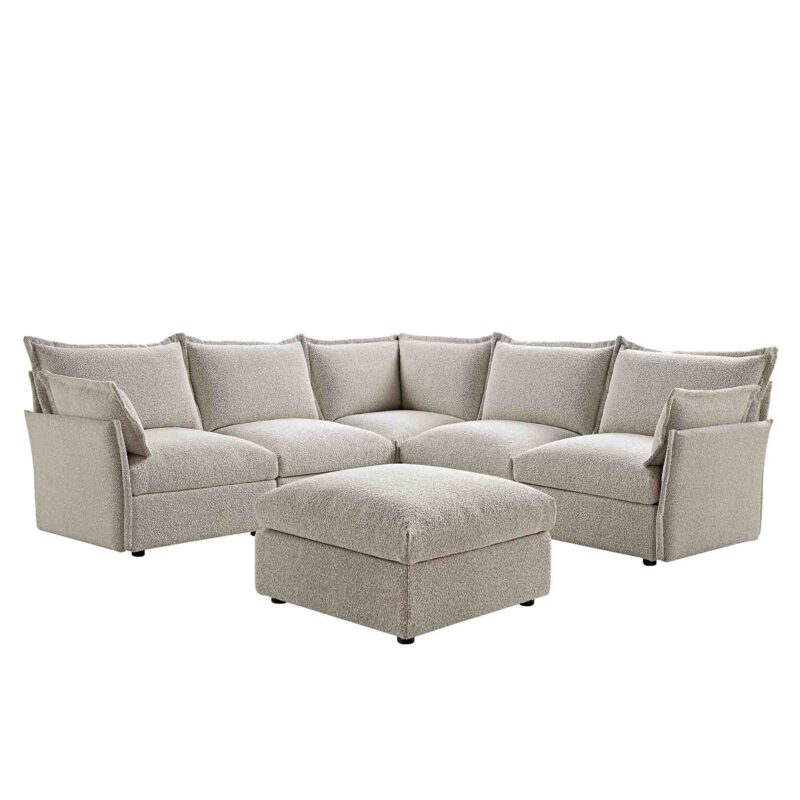 Byron Pillow Edge Mist Grey Boucle Modular Sofa, 5-Seater Corner & Stool Set - Image 4