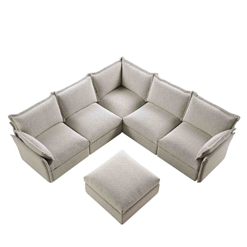 Byron Pillow Edge Mist Grey Boucle Modular Sofa, 5-Seater Corner & Stool Set - Image 5