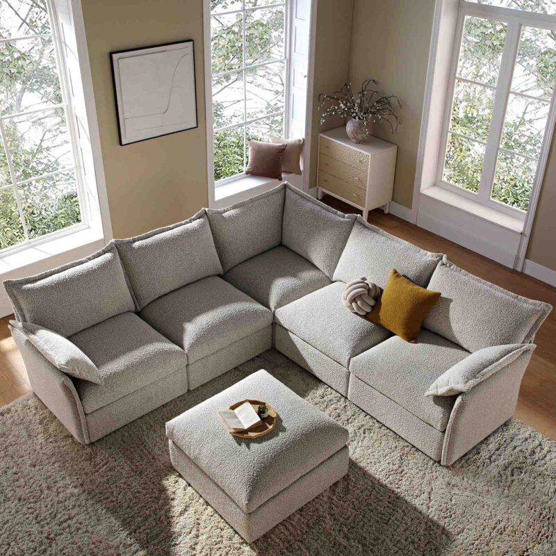 Byron Pillow Edge Mist Grey Boucle Modular Sofa, 5-Seater Corner & Stool Set - Image 2