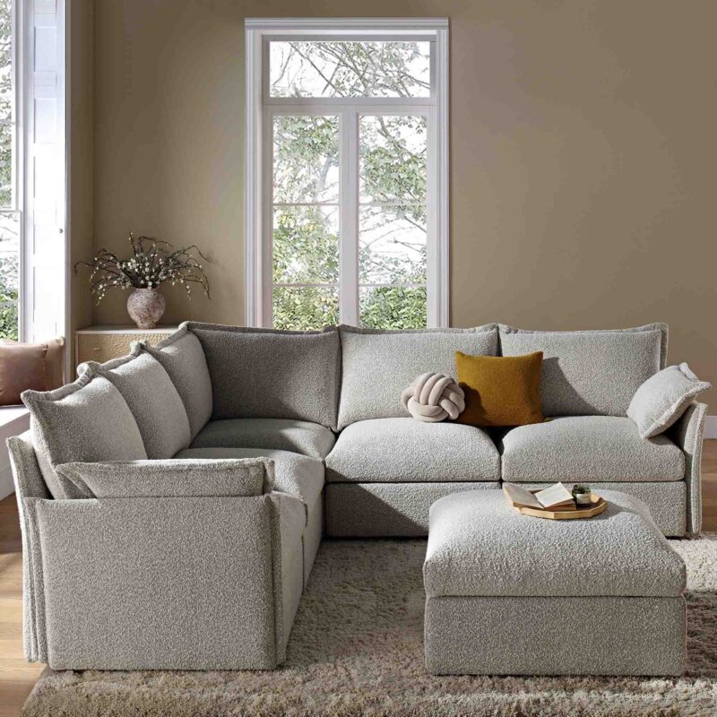 Byron Pillow Edge Mist Grey Boucle Modular Sofa, 5-Seater Corner & Stool Set - Image 3