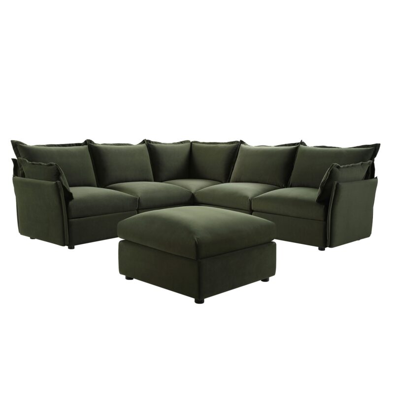 Byron Pillow Edge Moss Green Velvet Modular Sofa, 5-Seater Corner & Stool Set - Image 4