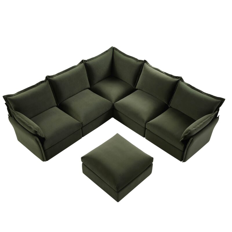 Byron Pillow Edge Moss Green Velvet Modular Sofa, 5-Seater Corner & Stool Set - Image 5