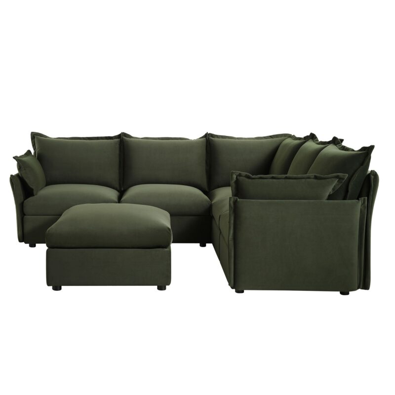 Byron Pillow Edge Moss Green Velvet Modular Sofa, 5-Seater Corner & Stool Set - Image 7