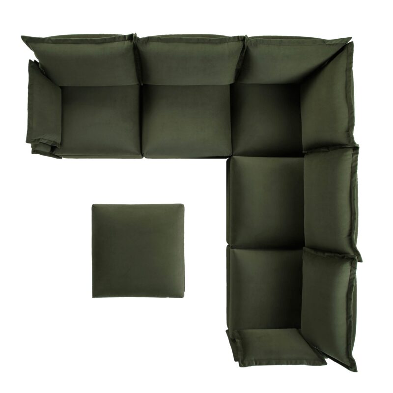 Byron Pillow Edge Moss Green Velvet Modular Sofa, 5-Seater Corner & Stool Set - Image 8