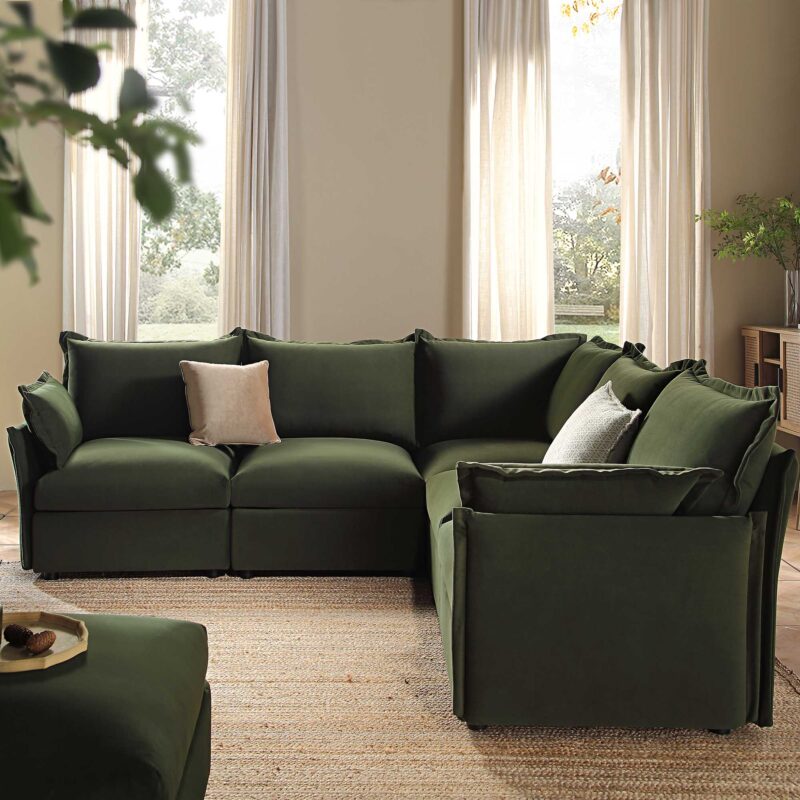 Byron Pillow Edge Moss Green Velvet Modular Sofa, 5-Seater Corner & Stool Set - Image 2
