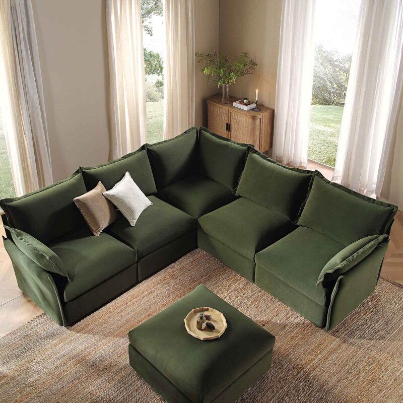 Byron Pillow Edge Moss Green Velvet Modular Sofa, 5-Seater Corner & Stool Set - Image 3