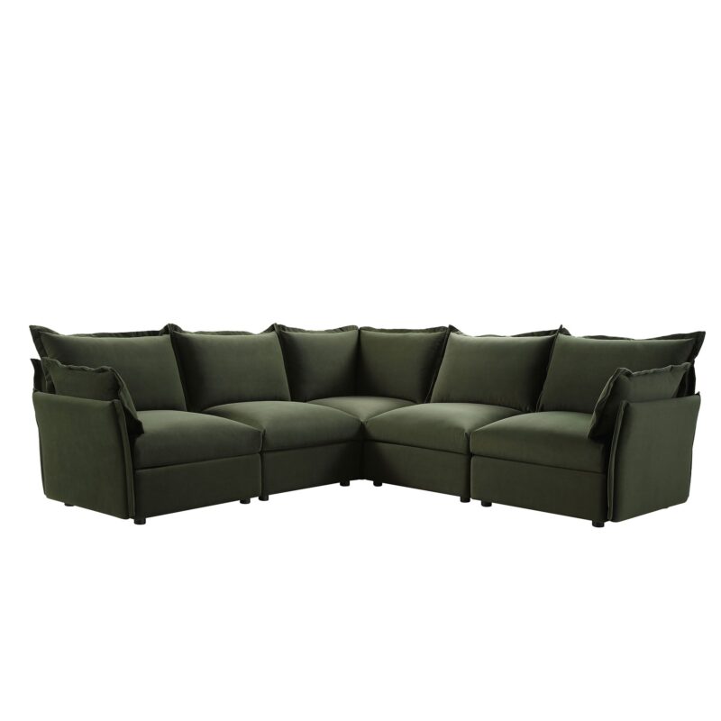 Byron Pillow Edge Moss Green Velvet Modular Sofa, 5-Seater Corner - Image 3