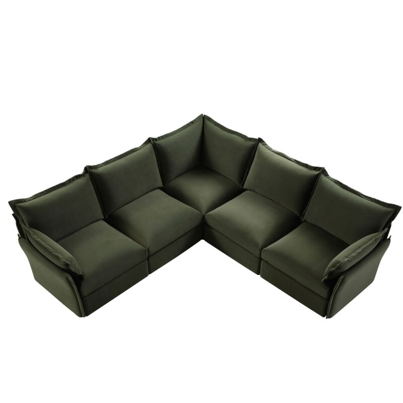 Byron Pillow Edge Moss Green Velvet Modular Sofa, 5-Seater Corner - Image 6