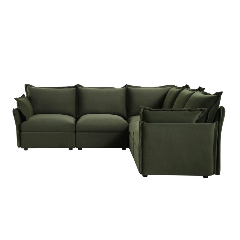 Byron Pillow Edge Moss Green Velvet Modular Sofa, 5-Seater Corner - Image 7