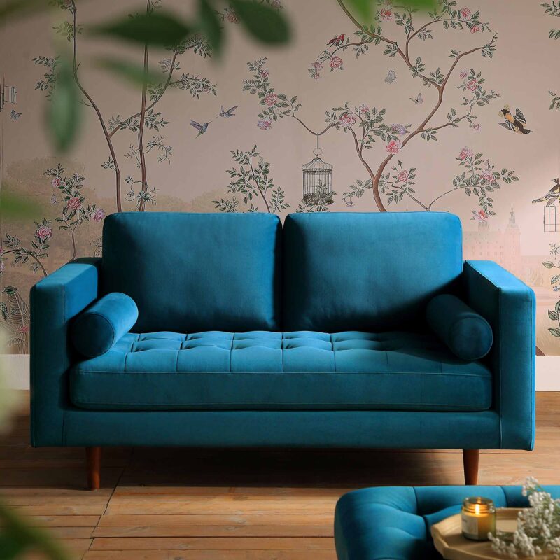 Henrietta 2-Seater Sofa, Teal Velvet - Image 2