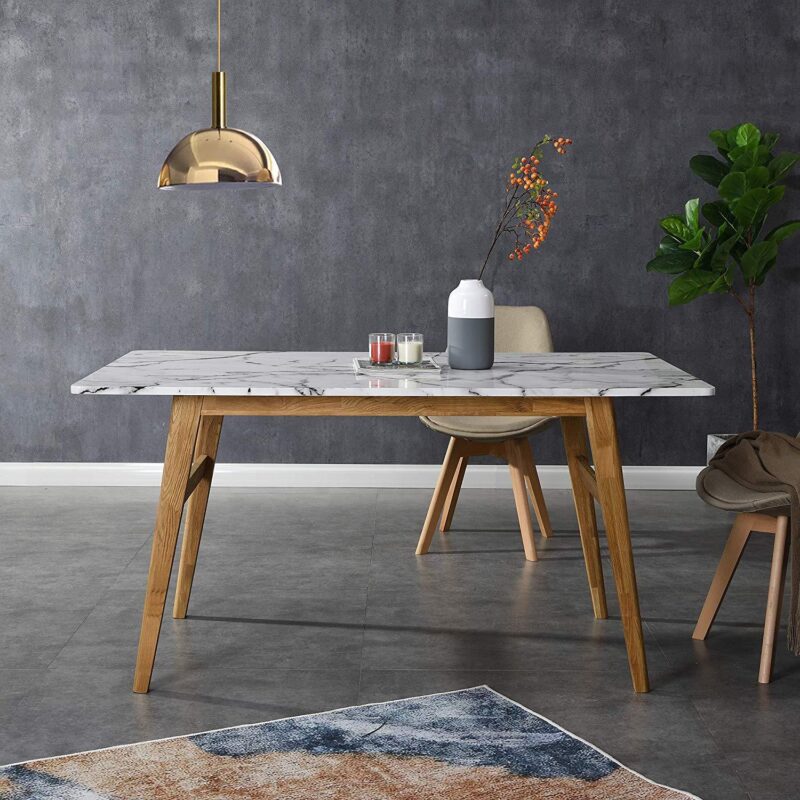 ASCONA White Marble Effect 6-Seater Dining Table with Solid Oak Legs - Image 2