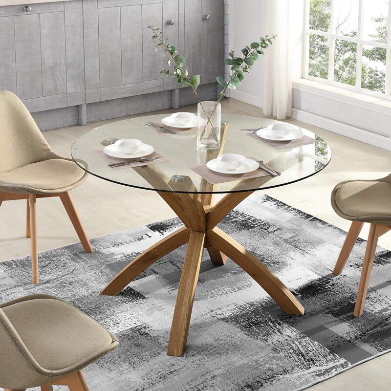Lugano 110cm Round Glass Top Solid Oak Legs Dining Table - Image 2
