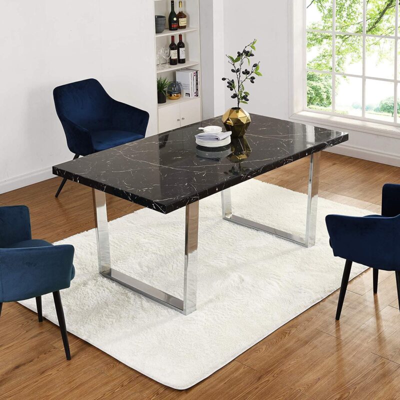 BIASCA 6-Seater High Gloss Marble Effect Dining Table with Silver Chrome Legs Black - Image 2