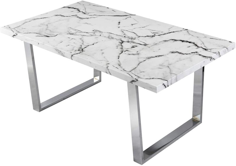 BIASCA 6-Seater High Gloss Marble Effect Dining Table with Silver Chrome Legs White - Image 2