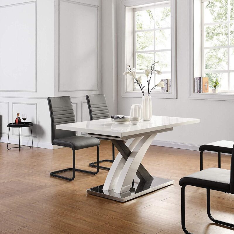 BASEL High Gloss White Extendable Dining Table 6 to 8-Seater with Stainless Steel Base - Image 2
