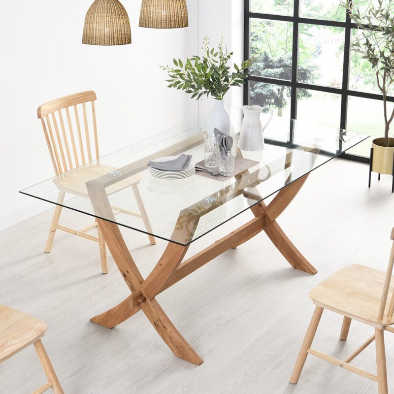 Lugano 160cm Rectangular Glass Top Solid Oak Legs Dining Table - Image 2