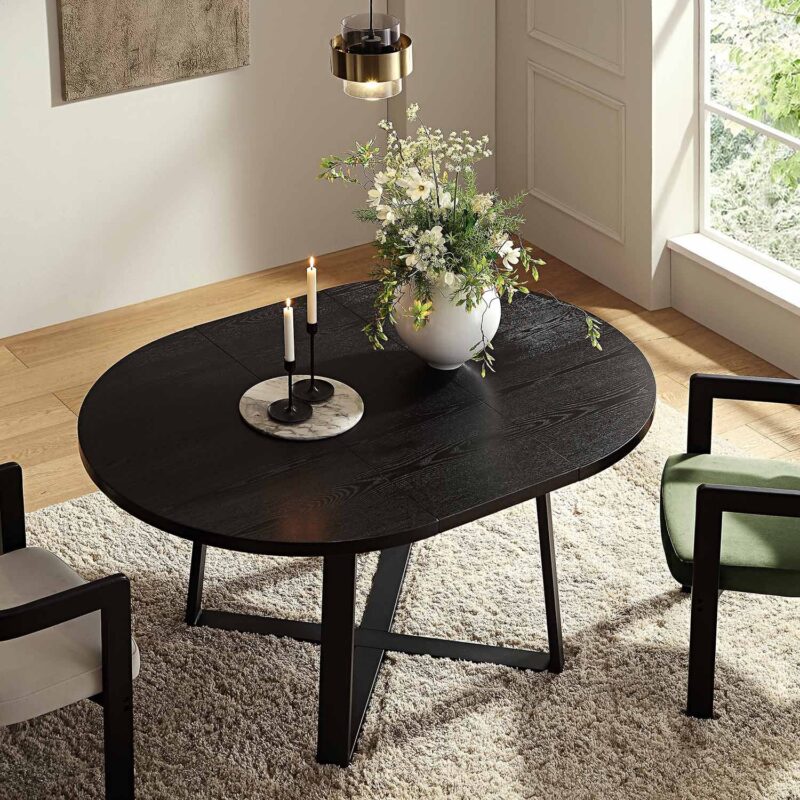 BERN Extending Round Dining Table with Metal Legs, Black - Image 2