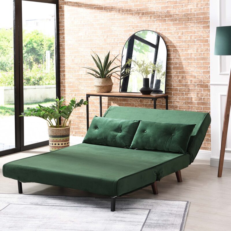ALGO 2-Seater Small Double Folding Sofa Bed with Cushion Pine Green Velvet - Image 4