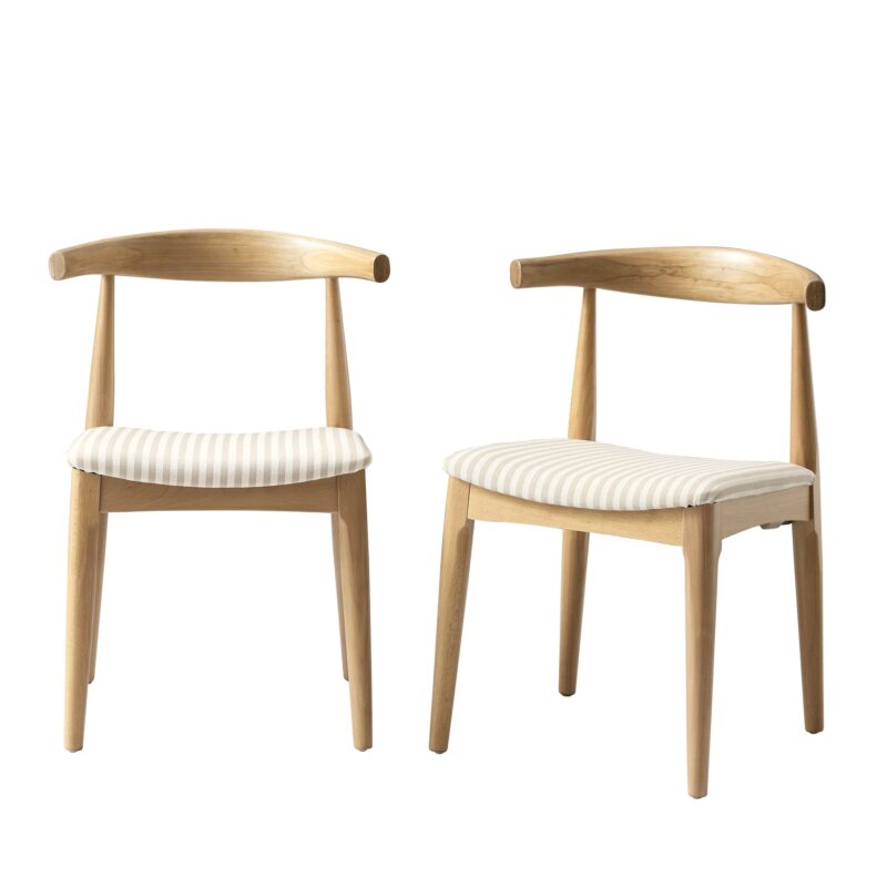 Arley Set of 2 Beech Wood Dining Chairs, Natural and Light Taupe Striped - Image 3