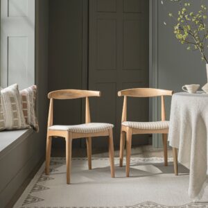 Arley Set of 2 Beech Wood Dining Chairs, Natural and Light Taupe Striped