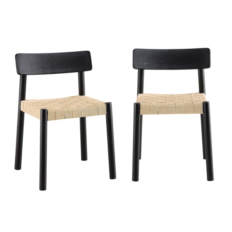 Ditton Set of 2 Elm Wood and Jute Dining Chairs, Black - Image 2