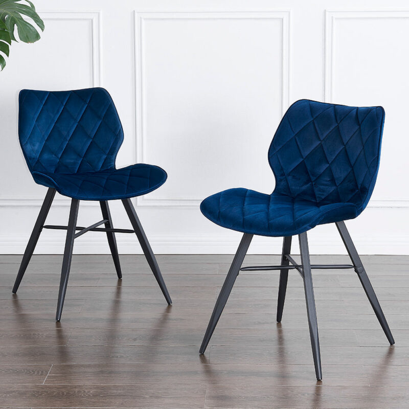 Set of 2 Ampney Velvet Diamond Stitch Dining Chairs with Metal Legs (Blue Velvet) - Image 2