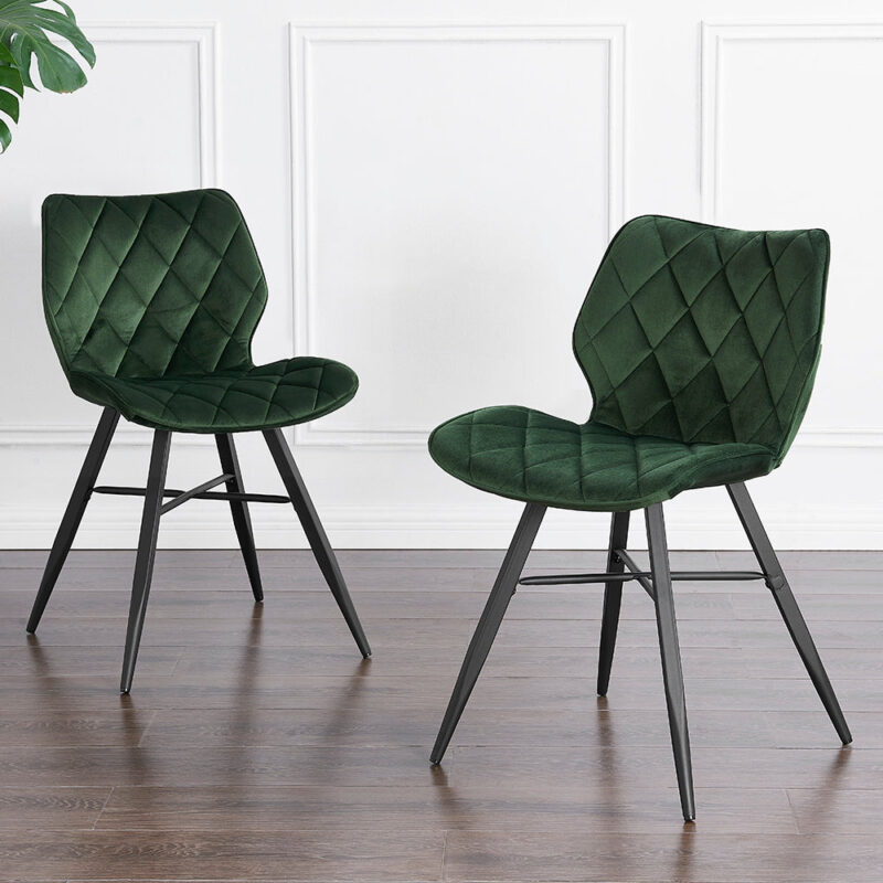 Set of 2 Ampney Velvet Diamond Stitch Dining Chairs with Metal Legs (Green Velvet) - Image 2