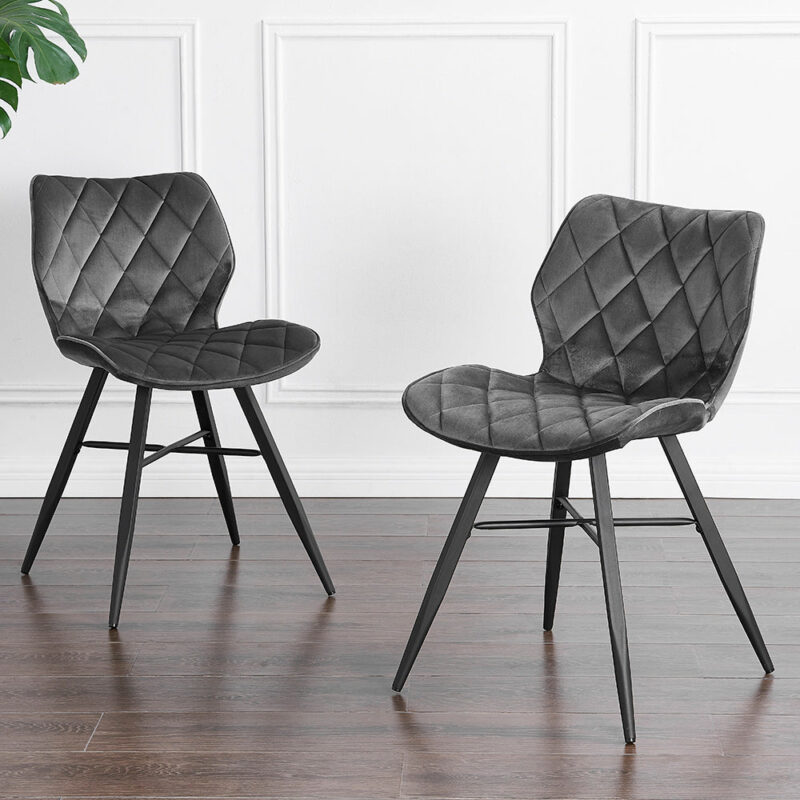 Set of 2 Ampney Velvet Diamond Stitch Dining Chairs with Metal Legs (Dark Grey Velvet) - Image 2