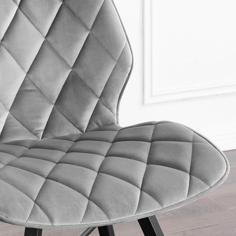 Set of 2 Ampney Diamond Stitch Light Grey Velvet Dining Chair Set of 2 with Metal Legs - Image 3