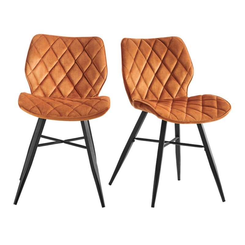 Set of 2 Ampney Diamond Stitch Orange Velvet Dining Chair Set of 2 with Metal Legs - Image 2