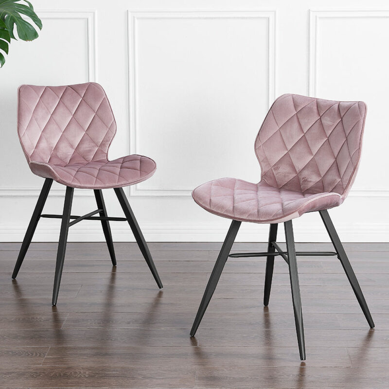 Set of 2 Ampney Velvet Diamond Stitch Dining Chairs with Metal Legs (Dusty Pink Velvet)