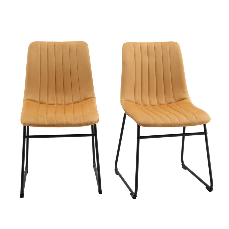 Sutton Set of 2 Mustard Yellow Velvet Fabric Fluted Dining Chairs with Metal Frame - Image 2