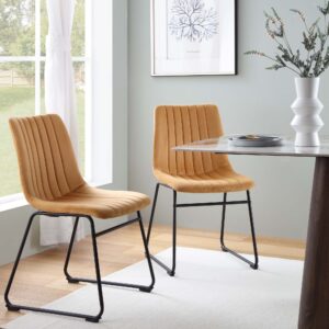 Sutton Set of 2 Mustard Yellow Velvet Fabric Fluted Dining Chairs with Metal Frame