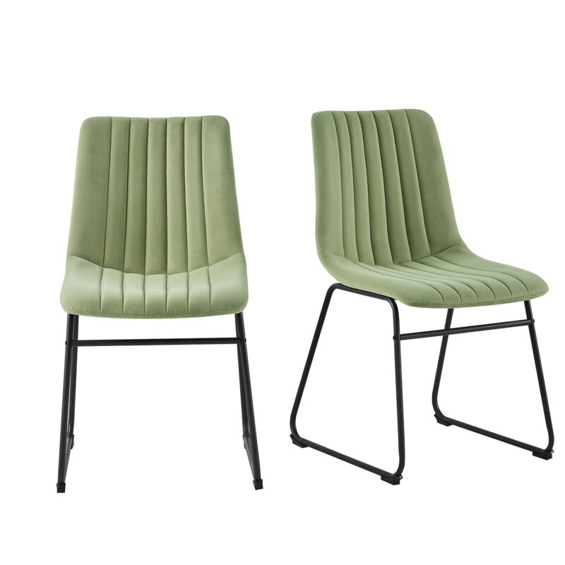 Sutton Set of 2 Sage Green Velvet Fabric Fluted Dining Chairs with Metal Frame - Image 2