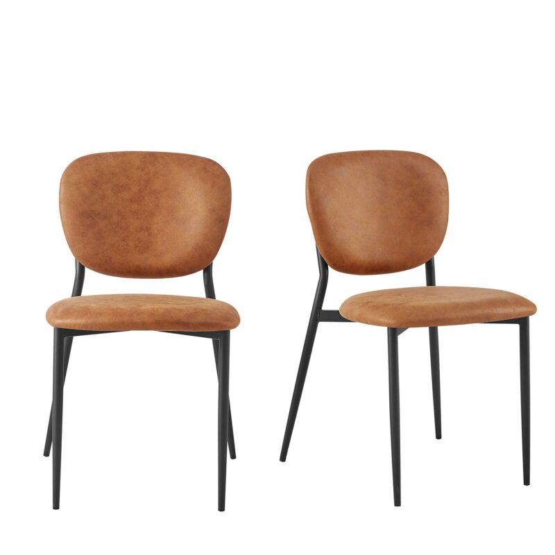 Kelmarsh Set of 2 Cognac Colour Vegan Leather Upholstered Dining Chairs - Image 2