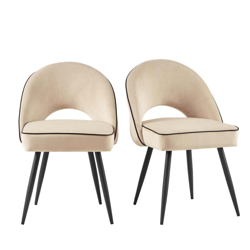 Oakley Set of 2 Champagne Velvet Upholstered Dining Chairs with Contrast Piping - Image 2