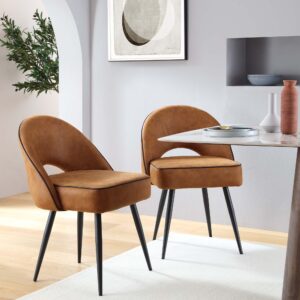Oakley Set of 2 Cognac Colour Vegan Leather  Upholstered Dining Chairs with Piping