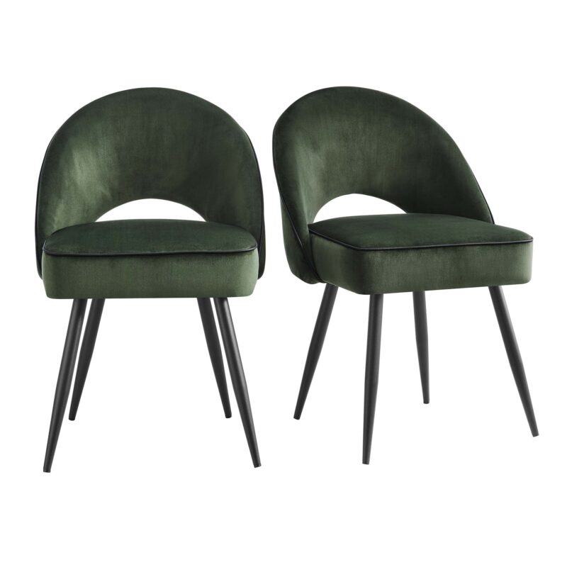 Oakley Set of 2 Dark Green Velvet Upholstered Dining Chairs with Contrast Piping - Image 2