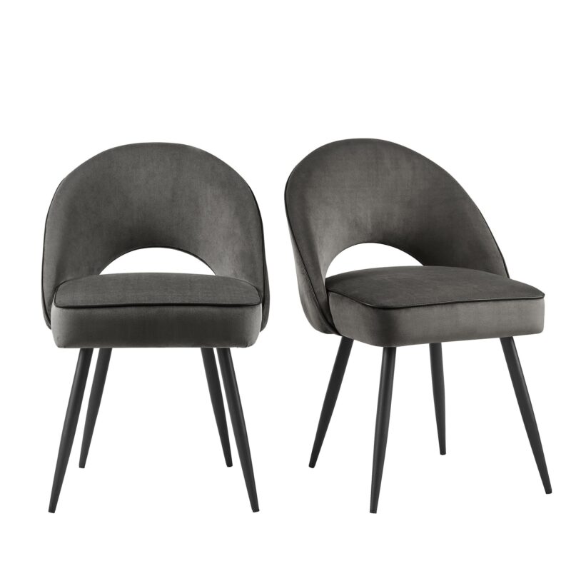 Oakley Set of 2 Dark Grey Velvet Upholstered Dining Chairs with Piping - Image 2