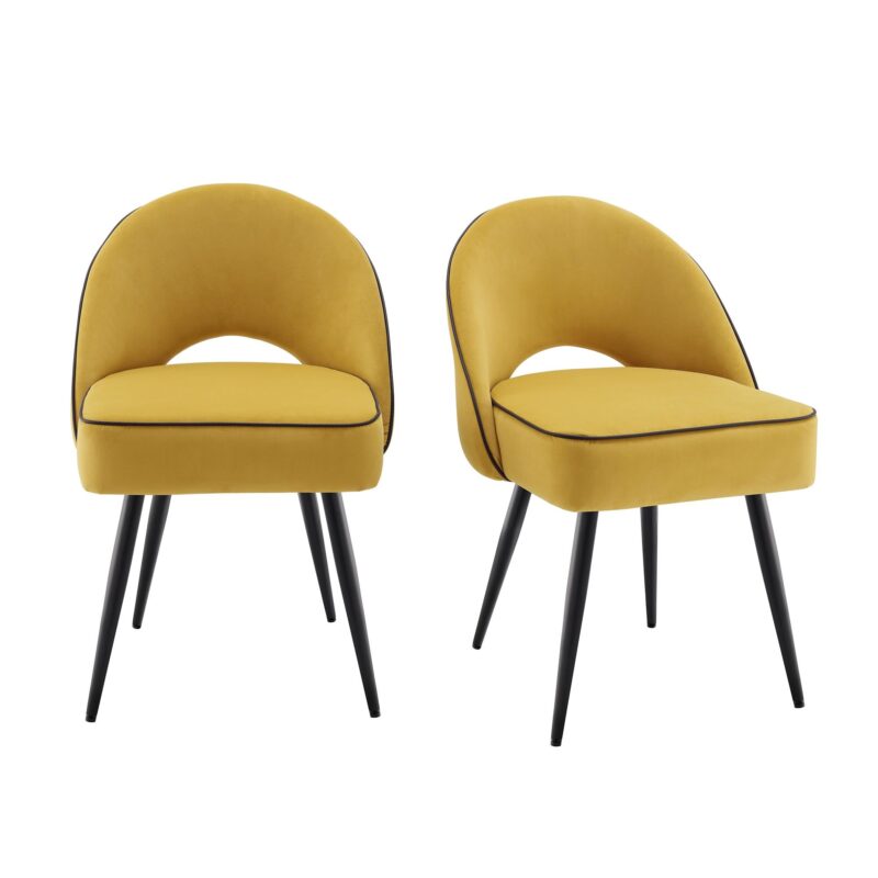 Oakley Set of 2 Mustard Yellow Velvet Upholstered Dining Chairs with Piping - Image 2