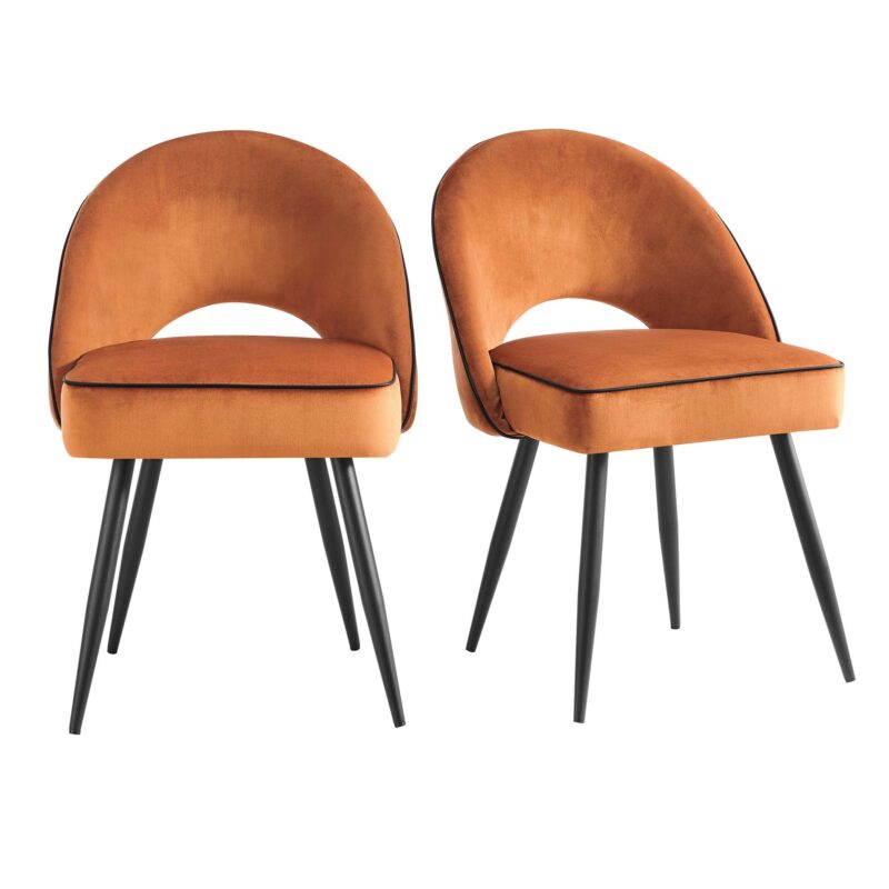 Oakley Set of 2 Orange Velvet Upholstered Dining Chairs with Contrast Piping - Image 2