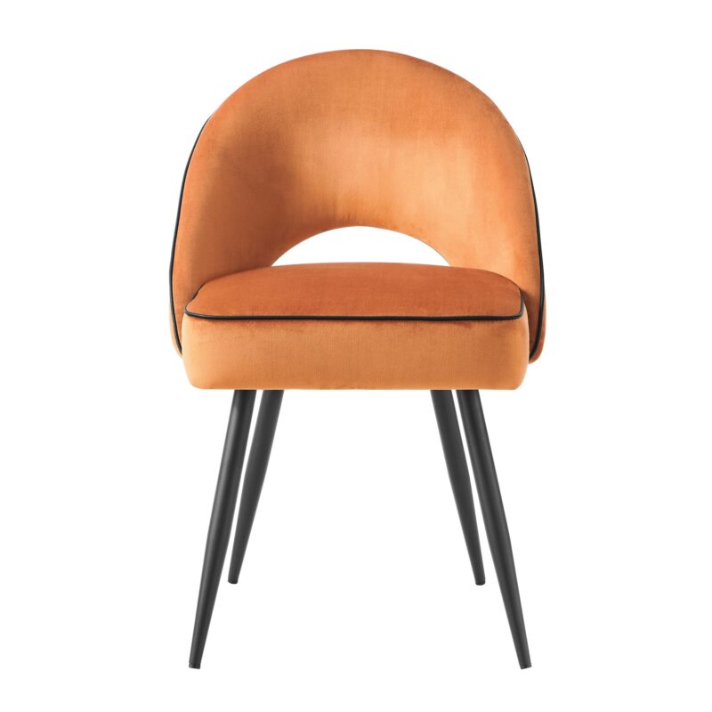 Oakley Set of 2 Orange Velvet Upholstered Dining Chairs with Contrast Piping - Image 3