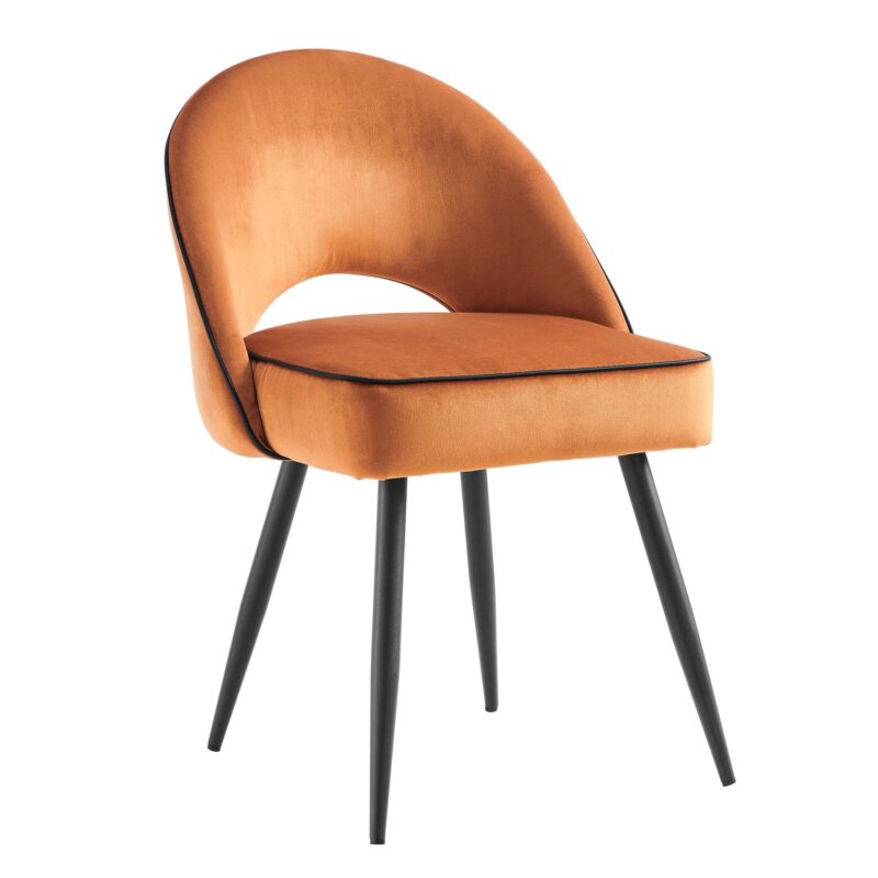 Oakley Set of 2 Orange Velvet Upholstered Dining Chairs with Contrast Piping - Image 5