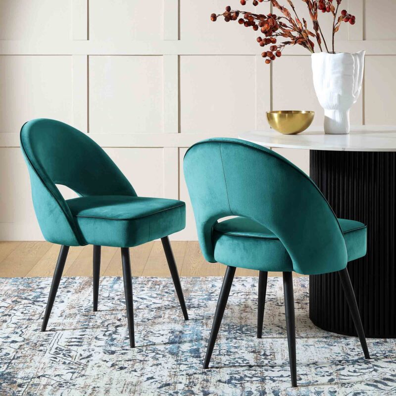Oakley Set of 2 Teal Velvet Upholstered Dining Chairs with Contrast Piping - Image 2