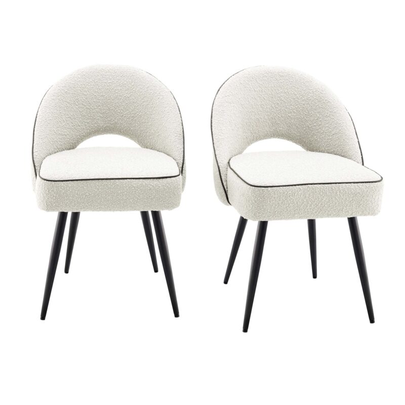 Oakley Set of 2 White Boucle Upholstered Dining Chairs with Piping - Image 2