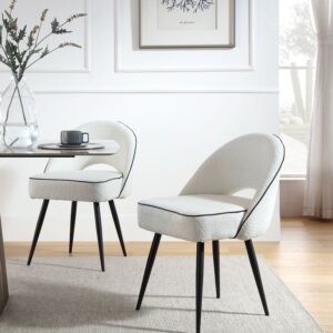 Oakley Set of 2 White Boucle Upholstered Dining Chairs with Piping