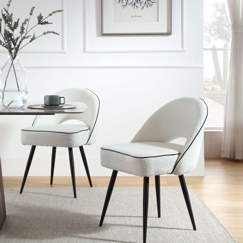 Oakley Set of 2 White Boucle Upholstered Dining Chairs with Piping