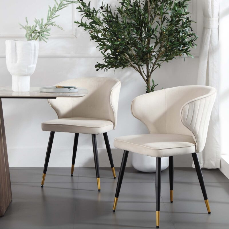 Langham Set of 2 Champagne Velvet Upholstered Carver Dining Chairs