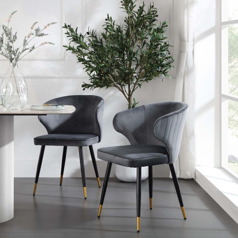 Langham Set of 2 Grey Velvet Upholstered Carver Dining Chairs